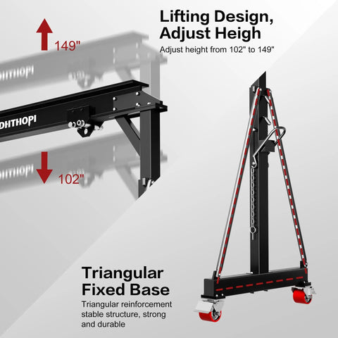 Beefy 3 Ton Gantry Crane With Adjustable 8.53 To 12.47 Ft Height 6600 Lbs Capacity Manual Trolley Hook And Shackles Ideal For Warehouse Shop Auto Repair And Construction Sites. Front view with adjustable height and triangular base.