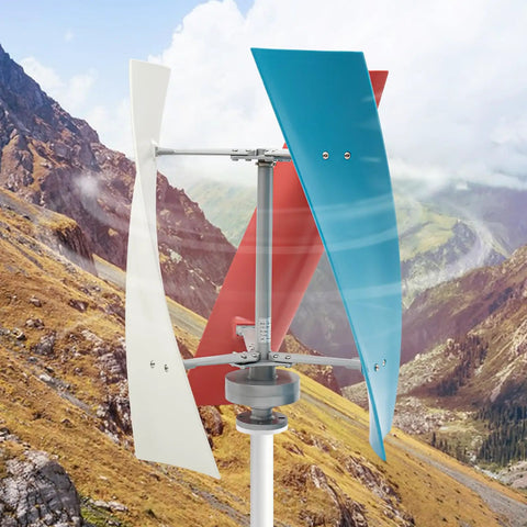 400W 12V Wind Turbine Kit With 3 Blades Vertical Helix Design installed in a mountain landscape, showcasing durable setup.