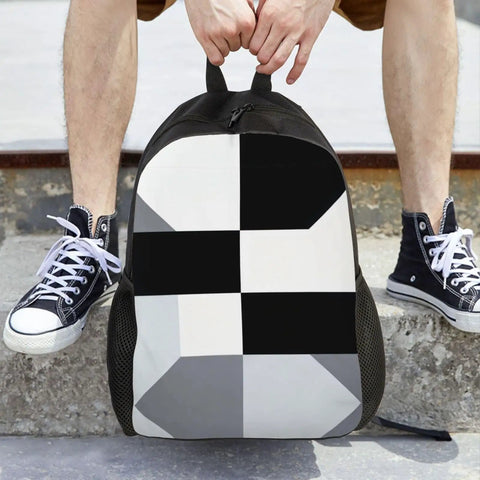 Slick Black And White Piano Grid Laptop Backpack Crafted From Heavy Duty Waterproof Oxford Cloth With Ultra Plush Straps on legs.