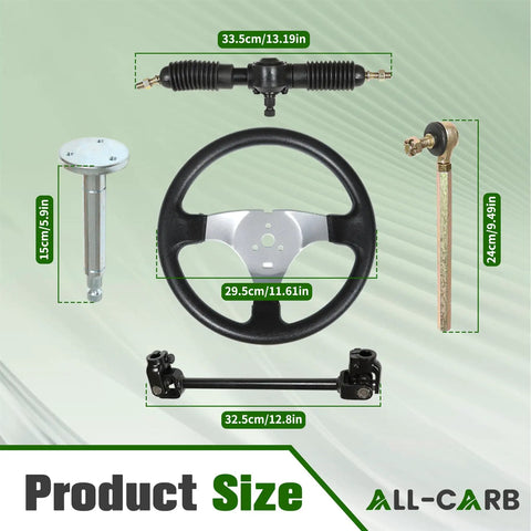 Drop In Ready 300MM Go Kart Steering Wheel Assembly Kit With 320MM Gear Rack Pinion And Adjustable Tie Rod Shaft For 110CC Dirt Track Racer Heavy Duty Steel Parts Set showing product dimensions and components.