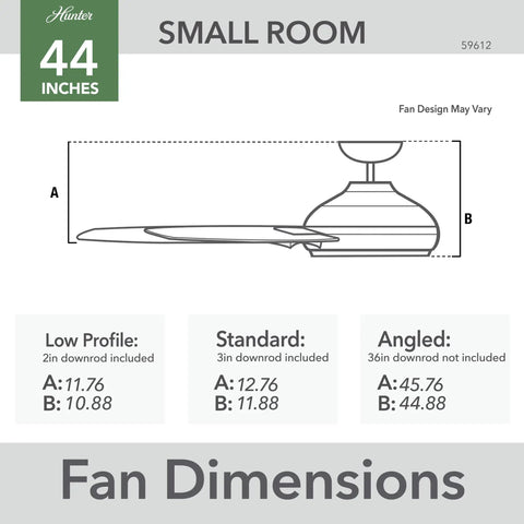 Dimensions diagram of Kennicott 44 Inch Indoor Outdoor Ceiling Fan, showing low profile, standard, and angled mount measurements.