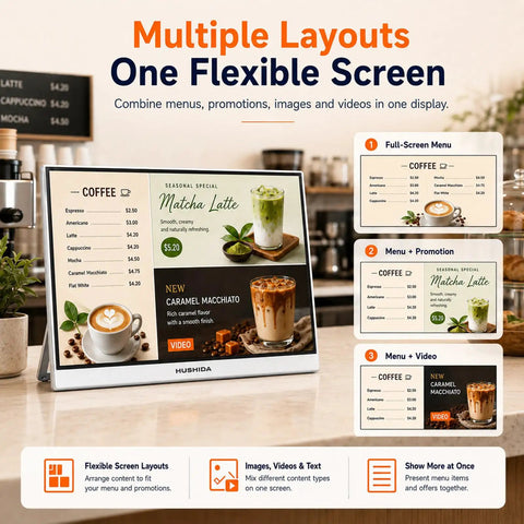 23.8 Inch Countertop Digital Signage Display With Scheduled Power Cycling And Cloud Content Sync For Restaurant Menus And Retail Kiosks As A Game Changer With Zero Headache showing flexible layout options on a café countertop.