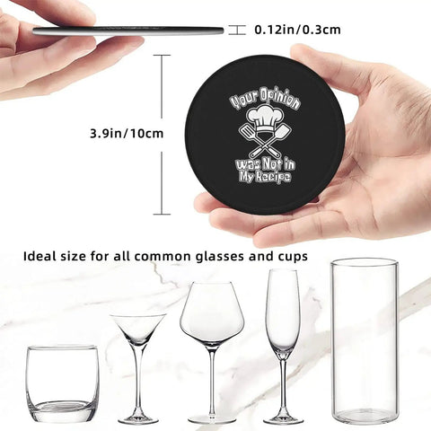 Person holding Leather Coasters 6 Piece Set With Holder For Weddings, Bars, Homes, And Offices, round with text design