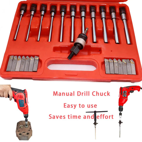 Pro Grade 29 Piece Universal Valve Seat Cutter Kit With Carbide Tipped Blades And Arbors For 22 To 63mm Valves shown in red case