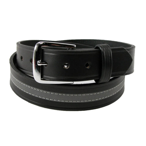 Leather Work Belt With Reflective Safety Stripe 1.5 Inch Wide In Black, Removable Silver Buckle, Made In USA, coiled view
