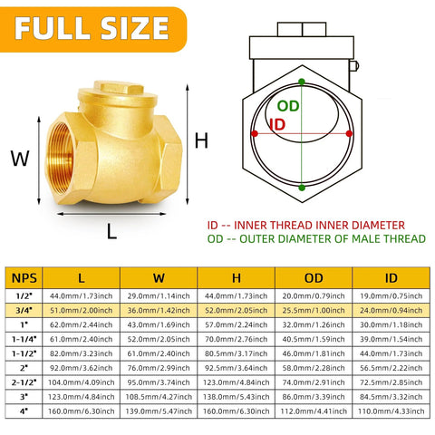 Brass 3/4 in NPT horizontal swing check valve for backflow prevention (front view)