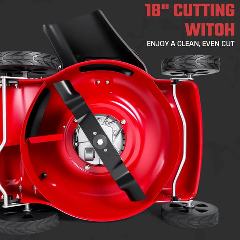 131cc Gas Lawn Mower That Is Self Propelled With Rear Wheel Drive 18 Inch Cutting Width 50L Grass Bag 3 In 1 Mulching Side Discharge Rear Bagging Lightweight Push Button Start Mower Built For Thick Slopes Red underside view of 18-inch deck