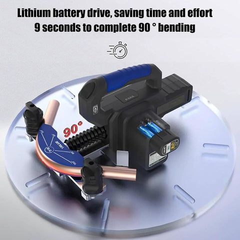 Cordless Electric Pipe Bender For Copper And Aluminum Tubes Sizes Span Quarter Through Seven Eighths Inches, showing lithium battery drive.