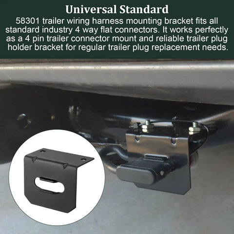 Universal 4 Way Flat Trailer Connector Mount Bracket installed on vehicle with close-up of black steel holder