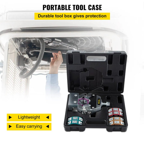 Image of Portable Manual Hydraulic Hose Crimping Tool Kit with four dies for car AC, shown in open case with dies visible.