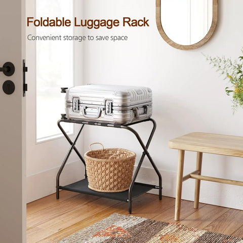 Heavy Duty Foldable Luggage Rack Set Of Two Built Tough Metal Suitcase Stands For Travelers Non Slip Nylon Straps compactly holding a suitcase.