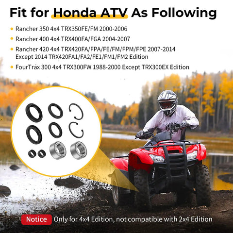 Front Wheel Bearings And Seals Kit For Honda Fourtrax Rancher 350 400 420 4x4 Edition, components on ATV backdrop.