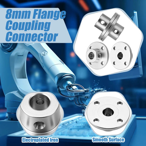 8mm flange coupling connectors shown with an industrial robotic arm, made of electroplated iron, smooth surface detail