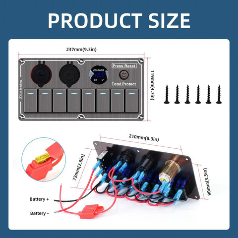 Dimensions of Beefy Aluminum 8 Gang Rocker Switch Panel For Marine Use with USB and voltmeter, front and back view.