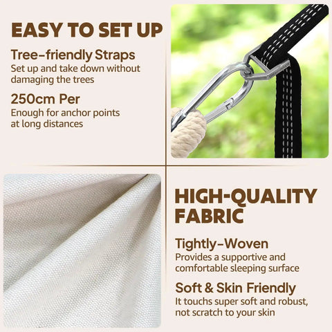 Close-up view of Cotton Hammock For Chill Sessions Up To 660 Lbs 8.9 By 4.9 Ft Portable Indoor Outdoor Backyard Camping Setup with strong webbing straps and carabiners.