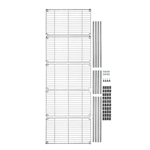Heavy Duty Five Shelf Adjustable Storage Shelving Rack For Garage And Workshop parts including wire shelves and support poles.