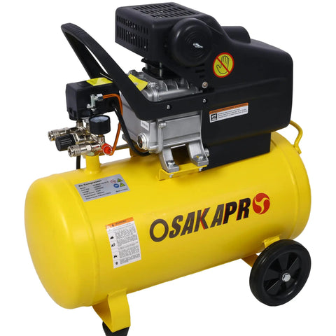10 Gallon Air Compressor With Oil Lubricated Motor Delivers 115 PSI on yellow tank, featuring rubber tires for portability.