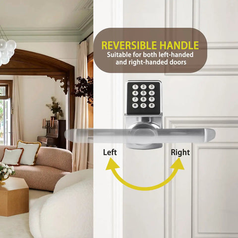 Slick Keyless Entry Door Lock With Handle Offering Hassle Free Digital Keypad And Ic Card Access For Fast Home Or Apartment Use Super Easy Install In Solid Satin Nickel Finish with reversible handle.