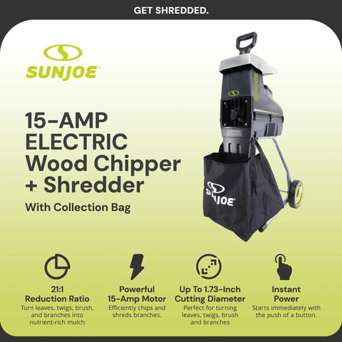 Corded Wood Chipper Shredder For Yard Cleanup With Collection Bag 1.7 Inch Cutting Capacity And 15 Amp Electric Motor displayed on green background