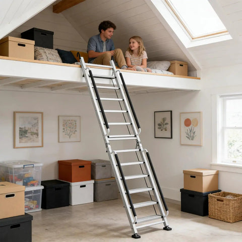 Foldable Aluminum Attic Ladder With 8 Step Design Portable Bunk Bed Access Stair With Handrails Built Tough Anti Slip Metal Climb Step Ladder For Dorm RV Home Supports 330 Lbs Easy Fold And Store, silver ladder in loft bedroom