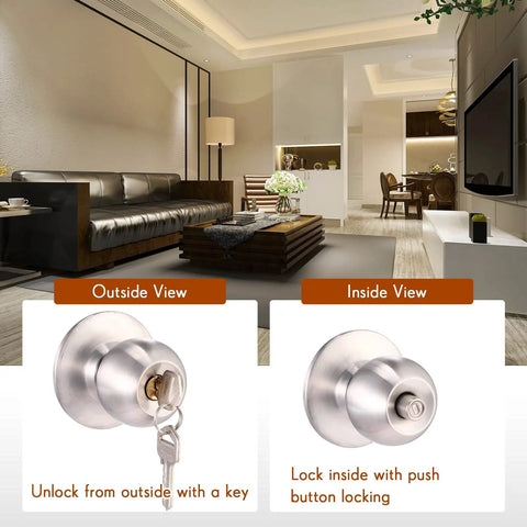 18 Piece Stainless Steel Door Knob Set With Lock And Key Privacy Lock Ball Door Handles shown in living room setting