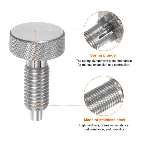 Close-up of Four Pack Stainless Steel Spring Plunger Pins M12x1.75 Retractable Locating Pin, showcasing knurled handle and threads.