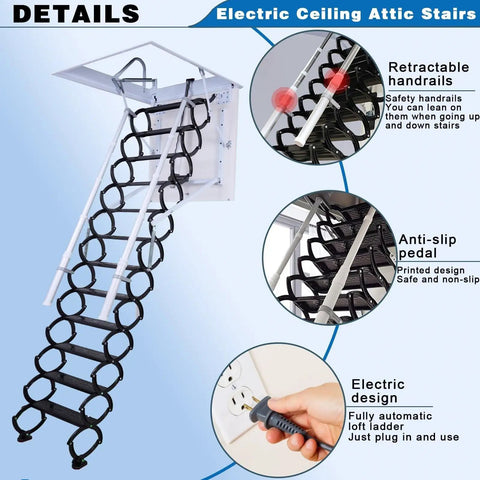 Electric Attic Ladder With Retractable Loft Stairs And Hidden Ceiling Access Featuring Heavy Duty Alloy Frame And Wide Non Slip Treads For One Push Motorized Operation To Keep Your Attic Storage On Point showing retractable handrails and anti-slip steps.