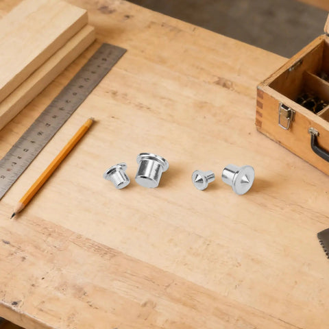 Pro Grade Dowel Pin Centering Kit 20 Pack With Carbon Steel Transfer Pins For Woodworking on a workbench with tools