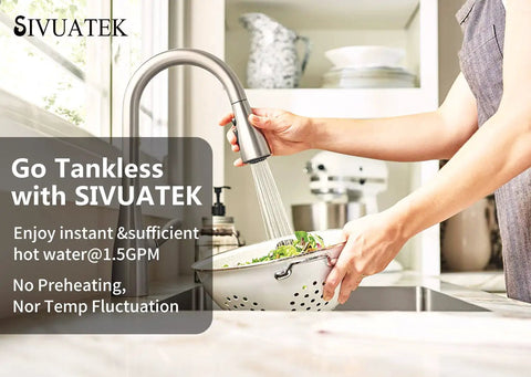 Person using kitchen faucet with Tankless Electric Water Heater On Demand With Smart Control Instant Hot Water At Point Of Use 240V 6.5kW.