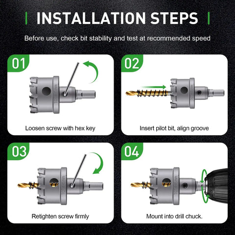 Installation steps for 18 Pc Metal Hole Saw Kit with TCT Carbide Teeth, 5/8 to 2-1/8 Inch Cutter Set