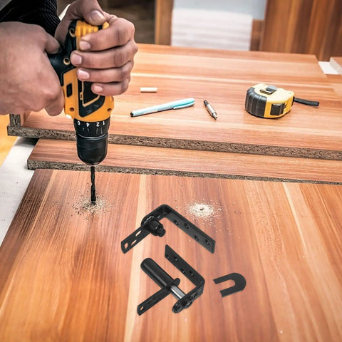 Heavy Duty Double-Sided Self-Closing Door Hinges With Spring Mechanism, Black Finish, Smooth Steel Build, For Interior And Exterior Bar Doors, Easy One-Handed Self-Closing Action, Ideal Hardware For Bar Counter. Black steel hinge installed with drill on wood door panel.