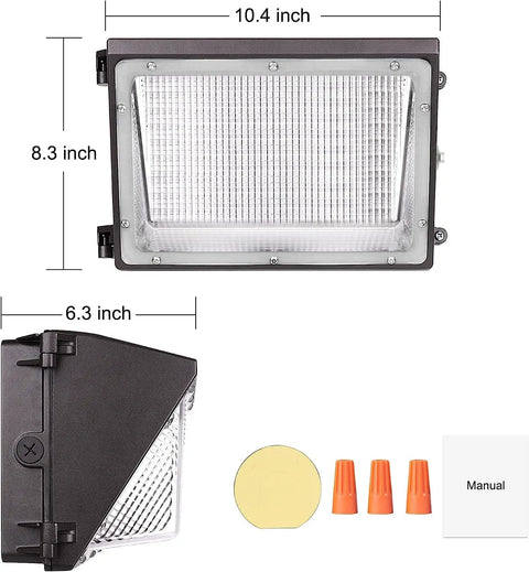 Crazy Bright 90W Outdoor LED Wall Pack With Dusk To Dawn Photocell, IP65 Waterproof, includes dimensions and accessories