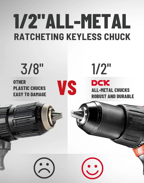 Comparison of 3/8 inch plastic chuck vs 1/2 inch all-metal keyless chuck on Beast Mode 20V Brushless Hammer Drill Kit, highlighting durability.