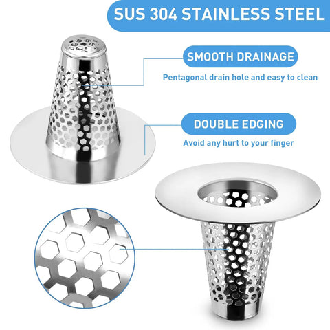 Premium Stainless Steel Bathroom Sink Drain Strainers Two Pack Conical Hair Catcher Porous Drain Filter Fits 1.2 To 1.6 Inches, showcasing stainless steel construction and hexagonal drainage holes.