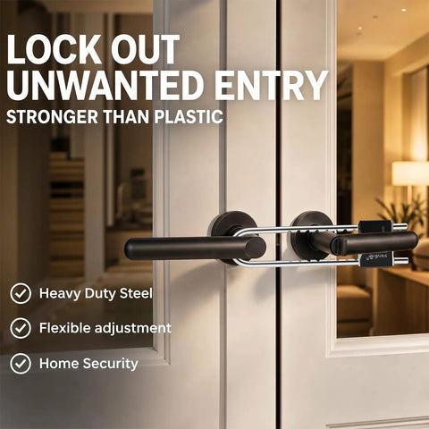 Premium French Door Security Brace With Adjustable Steel Kickstop And Keyed U Bars securing double doors with heavy duty steel handle.