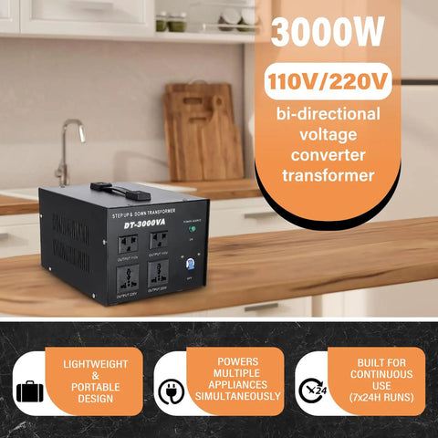 3000W 110V/220V bidirectional transformer on kitchen counter with features: portable, powers multiple devices, continuous use