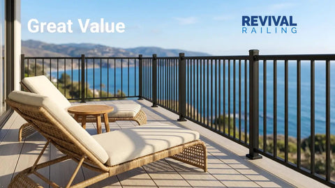Badass Deck Railing Kit For Your Backyard on a patio with stylish lounge chairs and a scenic ocean view.