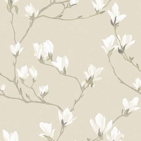 Magnolia Grove Natural Wallpaper With Easy Paste The Wall Application, cream background with white and beige blossoms