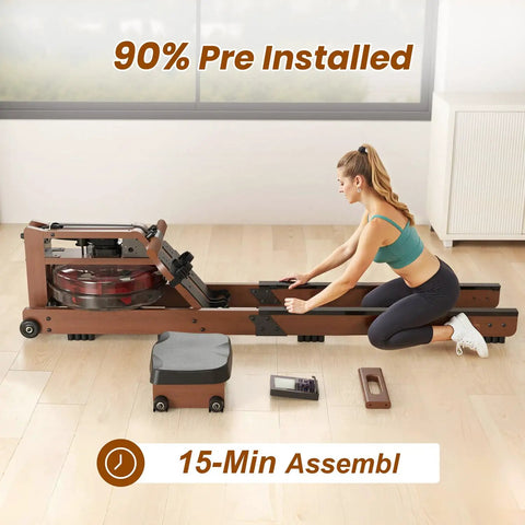 Woman assembling Water Rowing Machine For Home Gym With Wooden Frame And 400 Lbs Capacity, Bluetooth App Connectivity
