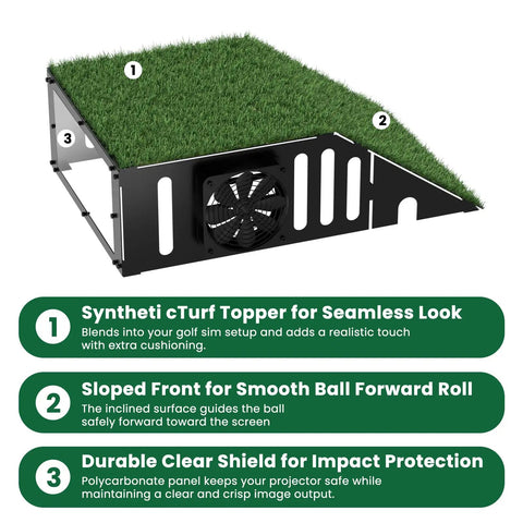 Heavy Duty Floor Mounted Golf Simulator Enclosure With Turf, Projector Cover, And Quiet Cooling Fan, angled view.