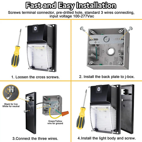 Installation steps for 2 Pack Dusk To Dawn Outdoor Wall Pack Lights showing wiring and assembly