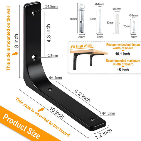 Heavy Duty Metal Shelf Brackets 10 By 8 Inch Wall Mounted Support Bracket With Nuts And Bolts Rock Solid L Shaped Design for installation dimensions.