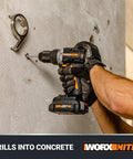Person using Power Share 20V Cordless Hammer Drill With Brushless Motor 1/2 In Heavy-Duty Chuck Nitro Performance on concrete