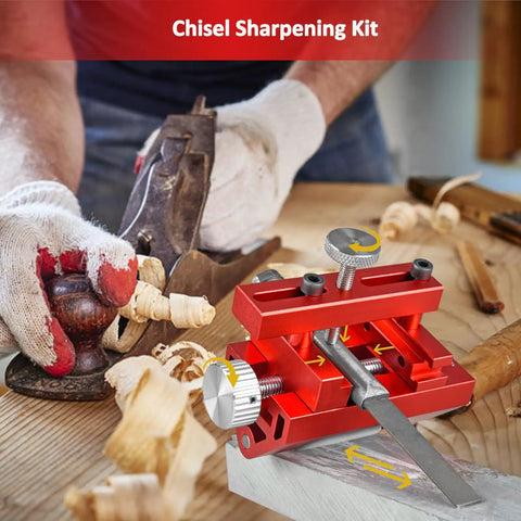 Heavy Duty Adjustable Honing Guide For Chisels And Planes That Delivers Rock Solid Fixed Angle Precision To Get You A Razor Sharp Badass Edge On Your Whetstone With Zero Fuss with red aluminum design.