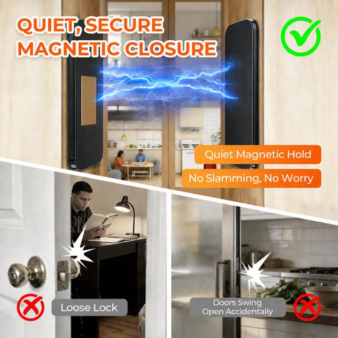 Ultra Thin No Drill Magnetic Cabinet Latches 4 Pack with 16 Adhesive Pads for Tight Gaps, black, quiet magnetic closure demo