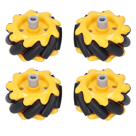 Omni-directional robot wheel set: yellow wheels with black rollers, gray center hub, 48mm diameter, four wheels