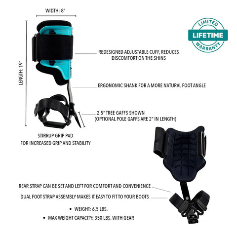Steel Tree Climber Gaffs With Ergonomic Shank And 20 Plus Cuff Adjustment Points, Stirrup Grip Pad, Dual Foot Strap System, Redesigned Cuff For A Natural Foot Angle, Supports Up To 350 Lbs diagram with dimensions and features.