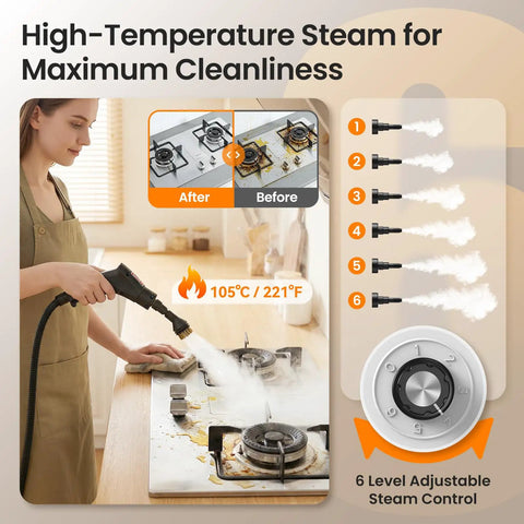 Easywox 2500w Handheld Steam Cleaner Gun With 40.6oz Tank For Auto Detailing Home Cleaning on stovetop with high-temperature steam.
