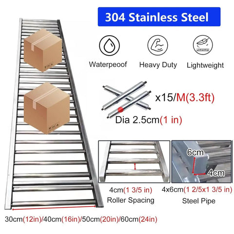 Portable Foldable Roller Conveyor Kit With 330 Lbs Capacity And Easy Install Durable Anti Wear Rollers For Smooth Material Handling Ideal For Market Chutes And Warehouse Solutions 12 Inch By 19 Point 6 Feet, 304 stainless steel rollers with boxes