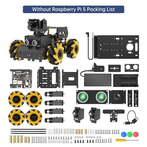Raspberry Pi AI Vision Robot Kit components with Mecanum wheels, HD camera, and parts layout for DIY assembly.